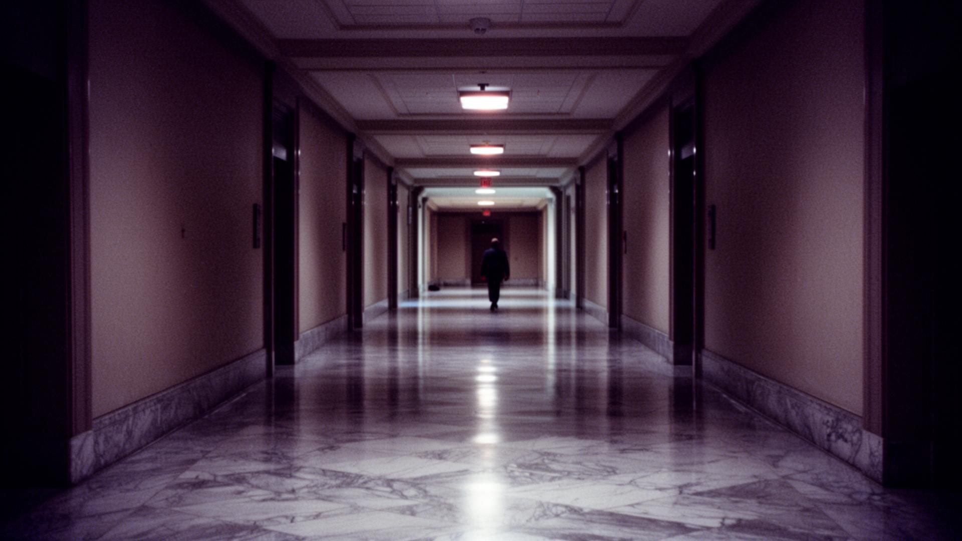 Federal courthouse corridor at night